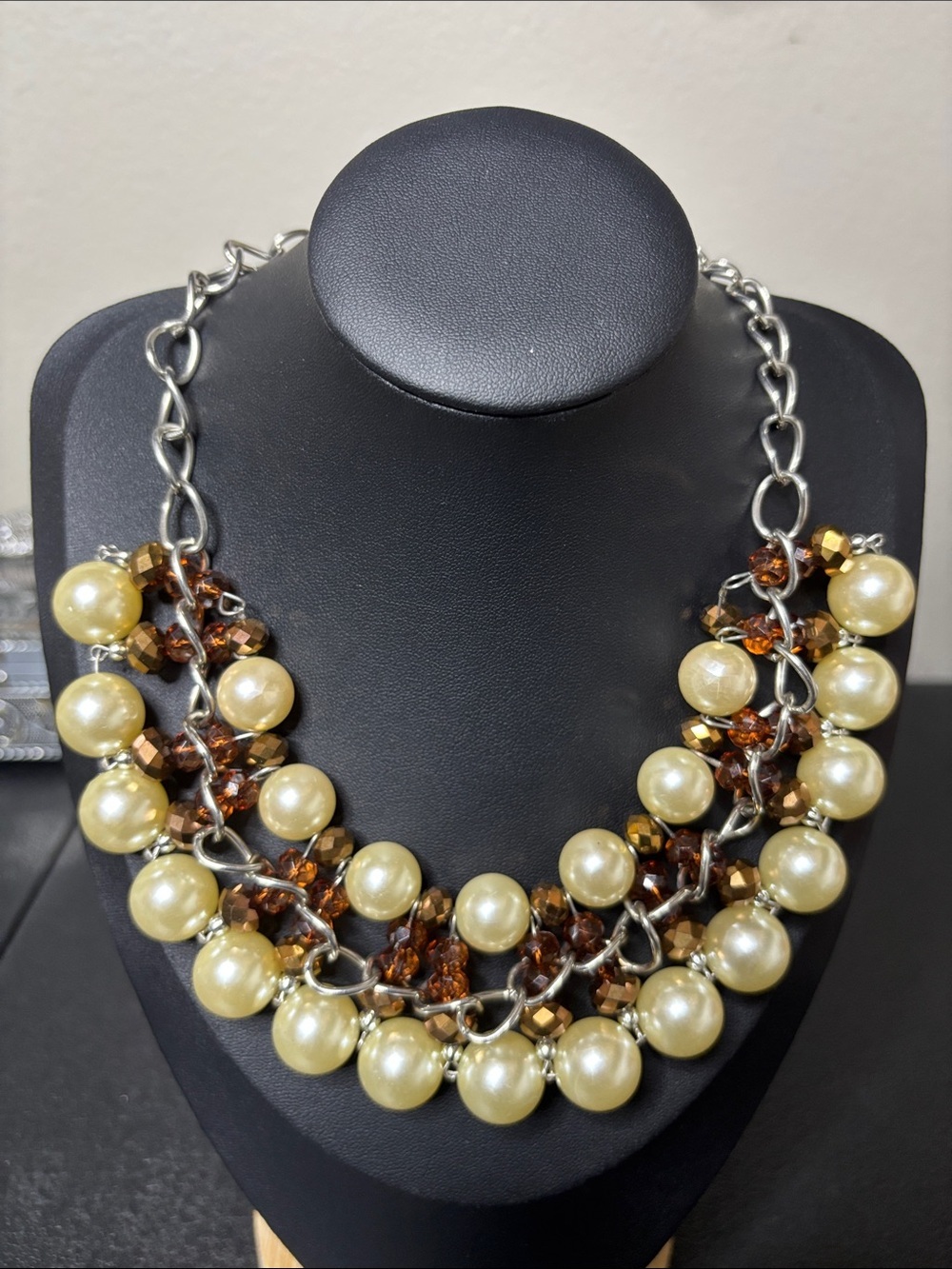 Elegant Pearl & Amber Bead Chunky Unique Statement Necklace